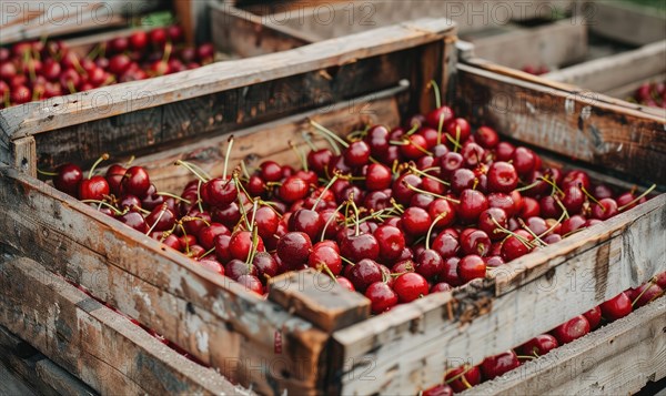 A vintage wooden crate filled to the brim with freshly harvested ripe cherries AI generated