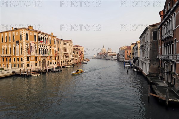 Canale Grande, in the background the church of Santa Maria della Saluti, view over a Venetian canal at dusk with boats and house fronts, Venice, Veneto, Italy, Europe