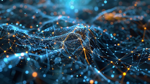 A detailed 3D rendered digital network with glowing blue lines and particles, conveying a sense of connection and technology, ai generated, AI generated