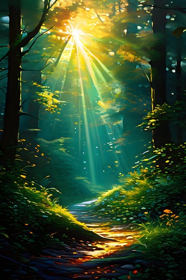 AI generated illustration of tranquil woodland composition awash in layers of diverse green tones sunlight spiraling and flickering