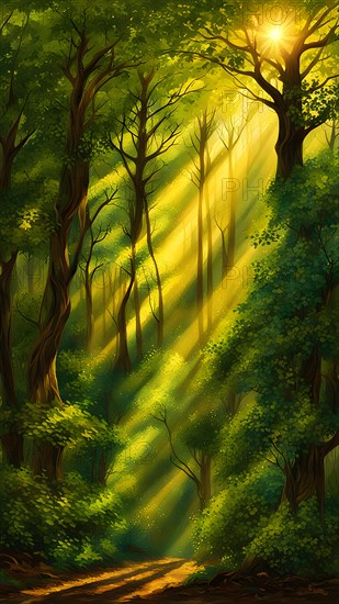 AI generated illustration of tranquil woodland composition awash in layers of diverse green tones sunlight spiraling and flickering