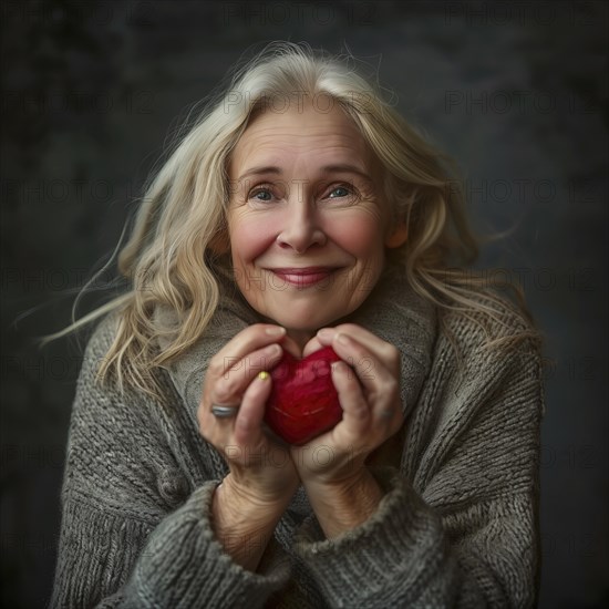 Smiling elderly woman in knitted clothes holds a small red heart, radiates warmth and cosiness, AI generated