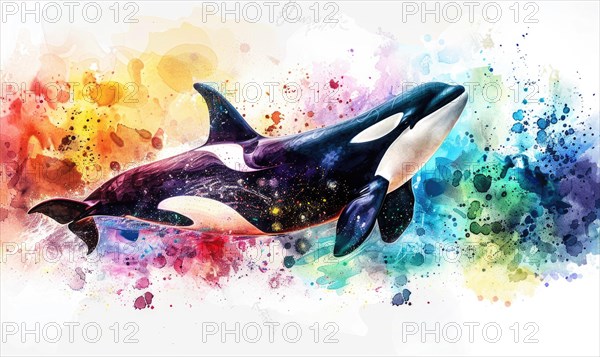 A watercolor depiction of an orca whale breaching the surface against a backdrop of vibrant ocean hues AI generated