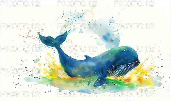 A watercolor illustration of a playful whale spraying water from its blowhole AI generated