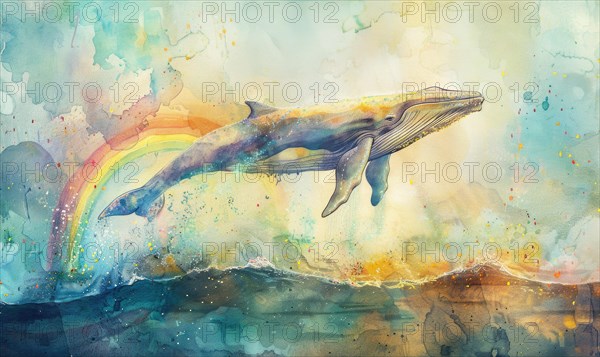 A watercolor artwork portraying a surreal scene of a whale leaping over a rainbow in a dreamlike setting AI generated