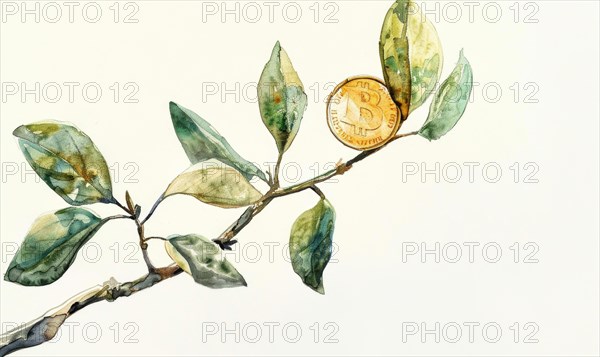 Watercolor illustration of money coins attached to a budding tree sprout AI generated