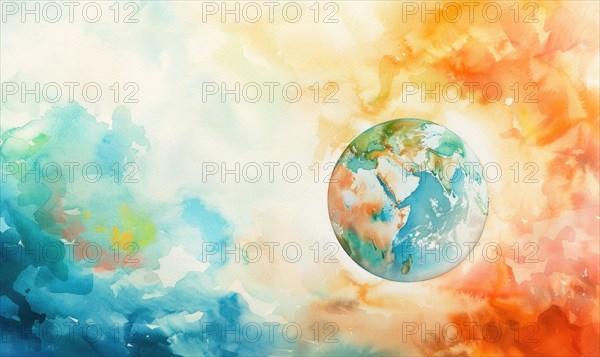 Vibrant watercolor painting of an Earth globe floating in a dreamy sky AI generated