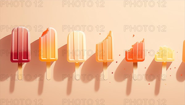Popsicles in warm hues melting on an orange gradient background, horizontal, AI generated