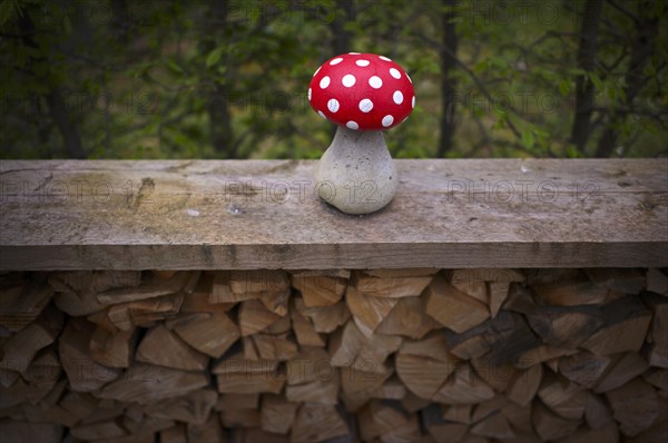 Fly agaric on a pile of wood, garden decoration, decoration, Stuttgart, Baden-Wuerttemberg, Germany, Europe