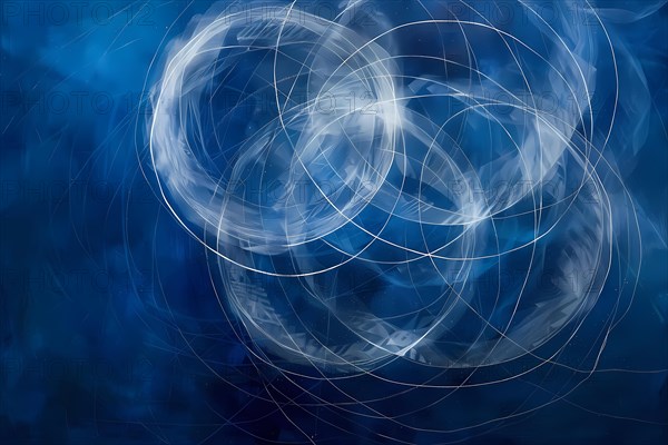 Dynamic abstract composition with swirling blue light trails representing motion and futuristic energy, illustration, AI generated
