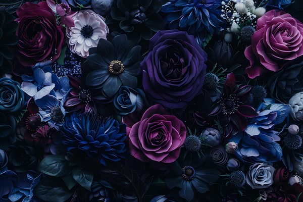 Densely packed floral arrangement in shades of purple and blue against a dark background, illustration, AI generated