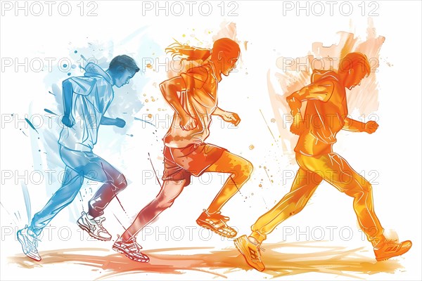 Dynamic watercolor illustration of runners in motion with vibrant colors, illustration, AI generated