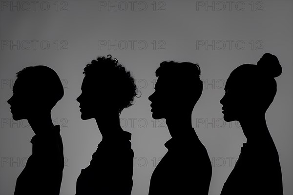 Profiles of women with different hairstyles in monochromatic silhouette, illustration, AI generated