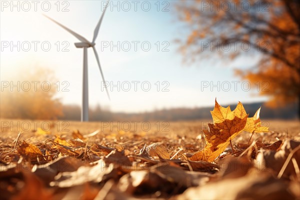 Autumn leaves with renewable energy windmill turbine in background. KI generiert, generiert, AI generated