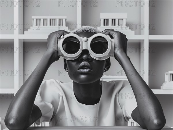 Someone peers through large, round goggles, searching, in a minimalist black and white scene, AI generated