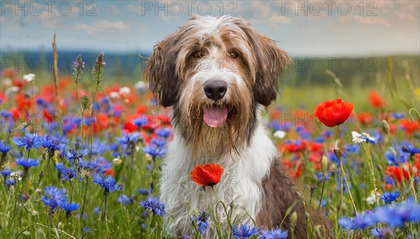 Ai generated, animal, animals, mammal, mammals, a, single animal, bobtail, (Canis lupus familiaris), dog, dogs, bitch, dog breed from England, a single animal, flower meadow