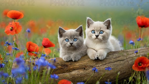 KI generated, animal, animals, mammal, mammals, cat, felidae (Felis catus), two kittens resting on a tree trunk, flower meadow, spring, summer