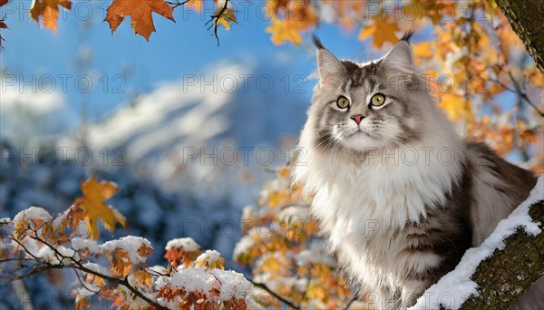 AI generated, animal, animals, mammal, mammals, cat, felidae (Felis catus), a grey and white American Forest Cat, sitting in a tree, autumn, autumn leaves, snow, onset of winter