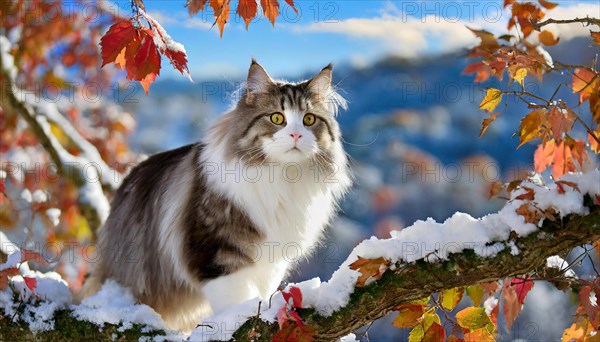 AI generated, animal, animals, mammal, mammals, cat, felidae (Felis catus), a grey and white American Forest Cat, sitting in a tree, autumn, autumn leaves, snow, onset of winter