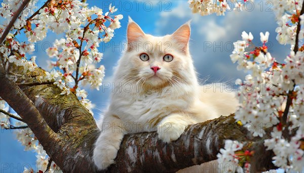 Ai generated, animal, animals, mammal, mammals, cat, cats, Maine-Coon-Cat, Main, Coon, Felis catus), a white American Forest Cat, lies in the tree