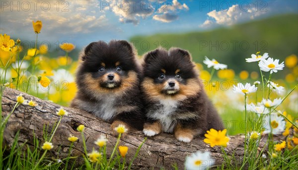 KI generated, animal, animals, mammal, mammals, one, single animal, dwarf spitz, Spitz, (Canis lupus familiaris), dog, dogs, bitch, Pomeranians, two black puppies lying on a tree in a flower meadow