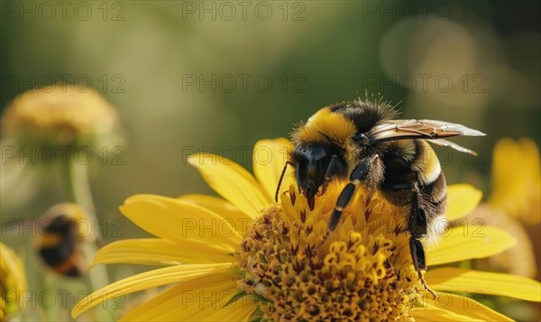 Bumblebee collecting pollen from flowers, closeup view, selective focus AI generated