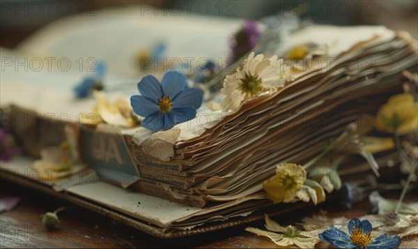 Close-up of wildflowers pressed between pages of an old book AI generated