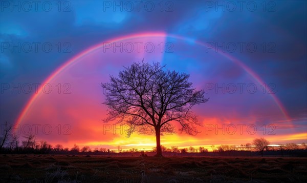Colorful rainbow after spring rain, rainbow on dark cloudy sky AI generated