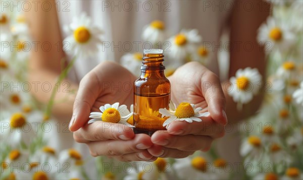 Hands holding bottle of chamomile essential oil, organic cosmetic, beauty in nature, closeup view AI generated