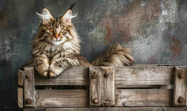 Maine Coon cat sitting proudly atop a rustic wooden crate AI generated