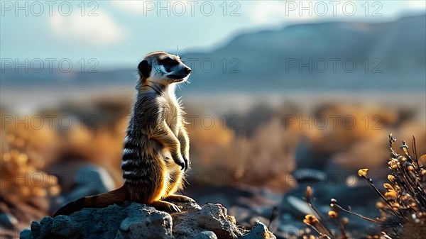 Meerkat standing on its hind legs vigilantly scanning the horizon of the Kalahari desert, AI generated