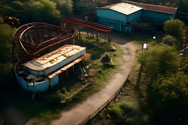 Aerial view of a bandoned amusement park overgrown with vegetation and rusting roller coasters, AI generated