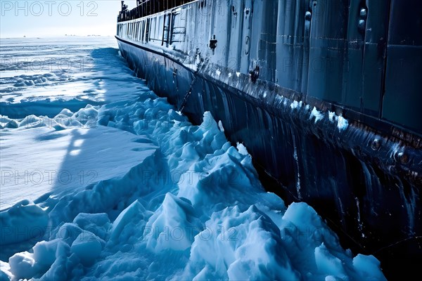 Icebreaker ship carving a path through thick ice of the polar region, AI generated