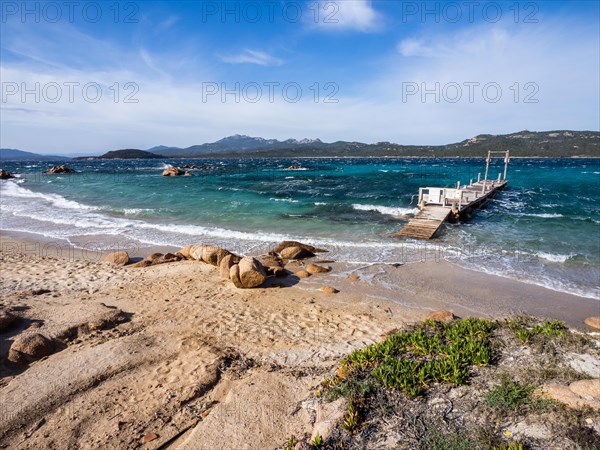 Rock formations, jetty leading into the sea, Capriccioli beach, Costa Smeralda, Sardinia, Italy, Europe