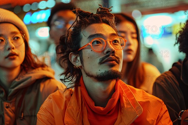 A man with distinctive glasses and mustache stands out in a nighttime crowd, AI generated