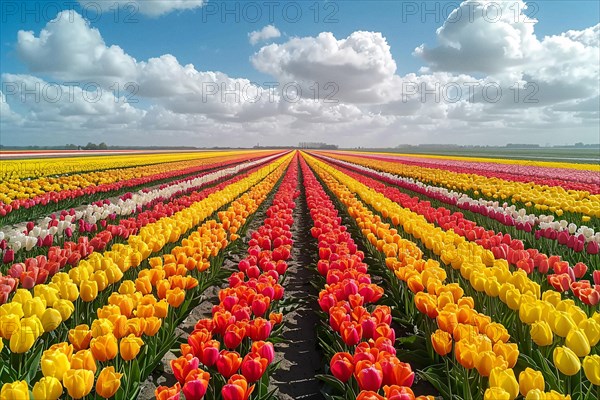Dutch tulip field showcasing a stunning pattern of red and yellow flowers in symmetrical rows, AI generated