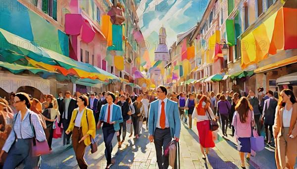 Painting-like image of a bustling street scene with people in business attire under colorful flags, rush hour commuting time, sunset, blurry cityscape, bokeh effect, AI generated