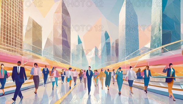 Illustration of a bustling crowd walking amongst high-rise buildings with a soft pastel palette, low poly style, AI generated