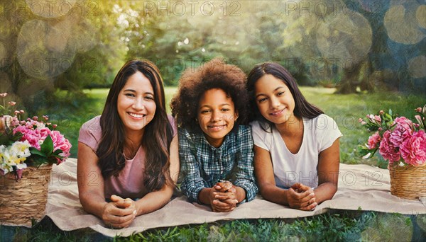 A smiling family with two children enjoying a picnic outdoors in a park, AI generated