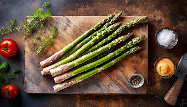 Atmospherically dense depiction of asparagus on a cutting board with spices, green asparagus, asparagus spears, AI generated, AI generated