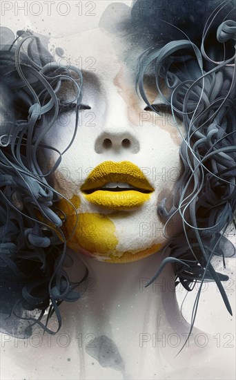 Dramatic surreal portrait of a female with smoky effect and bright yellow lipstick, Vertical digital portrait illustration, AI generated