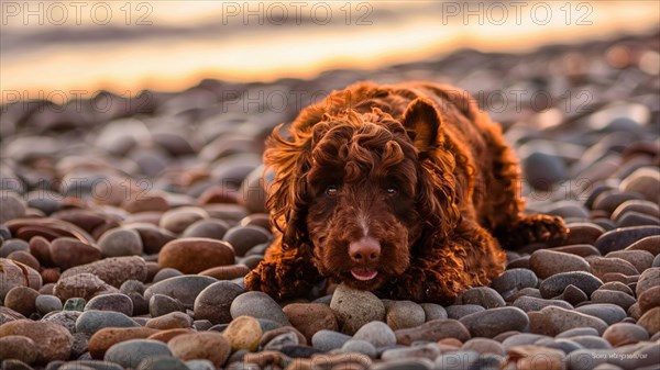 A reactive playful water dog laying down on a pebbled beach as the sun sets, reflecting serenity, AI generated
