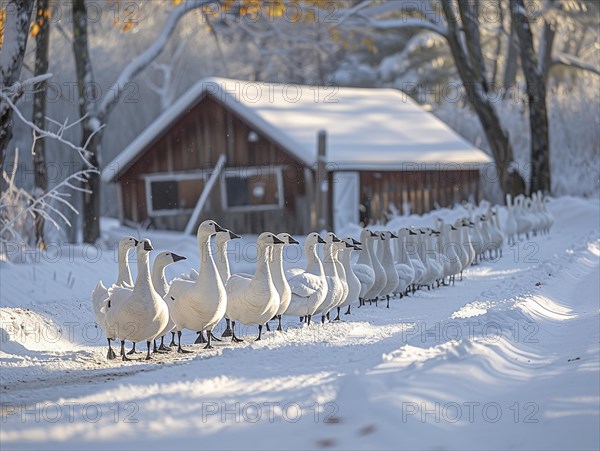 Geese walk in a snowy landscape, the light casts long shadows, AI generated, AI generated, AI generated