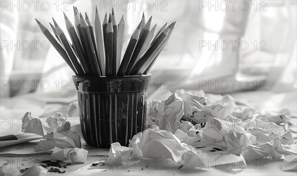 Graphite pencils arranged in a cup on a desk, surrounded by crumpled sheets of discarded white paper AI generated