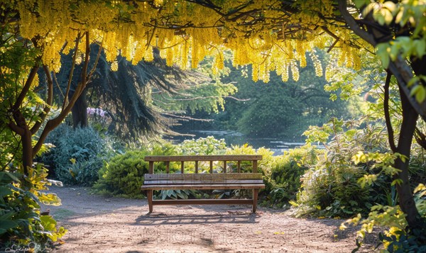 Laburnum branches arching over a garden bench AI generated