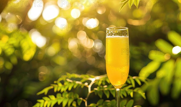 A close-up shot of a orange juce glass, bokeh lights AI generated