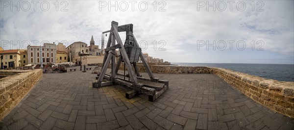 Old siege engine, fortress wall of Alghero, Sardinia, Italy, Europe