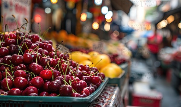 Closeup view of rip cherries selling on city market AI generated