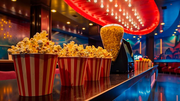 A row of red and white popcorn buckets is on a counter in a movie theater ready to be taken. Generative AI, AI generated