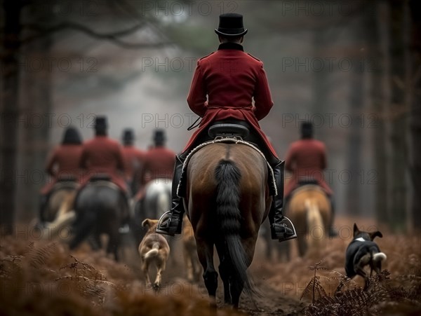 Traditional fox hunting with traditional clothing in England on horseback with dogs over hill and dale, AI generated